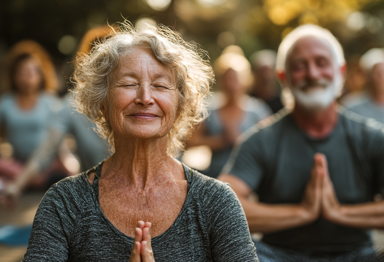 Група възрастни хора практикуват йога на открито в парк с инструктор