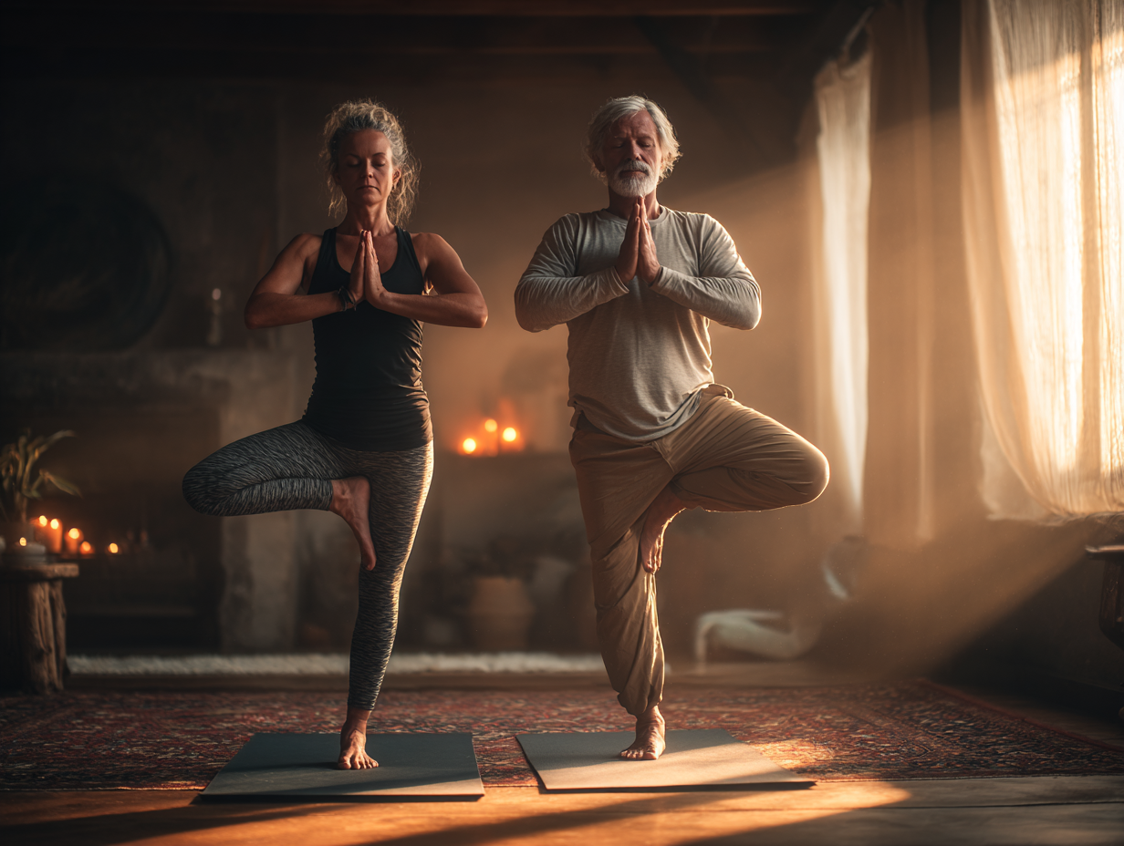 Индивидуална йога сесия с възрастна жена и инструктор в уютно студио